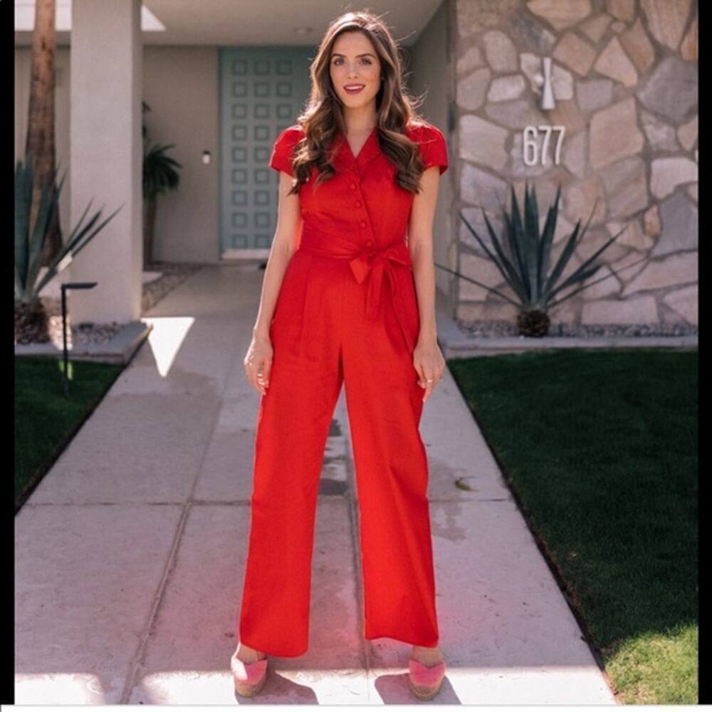 Gal Meets Glam Women's Red Cap Sleeves Camille Wide leg Jumpsuit Size 2P